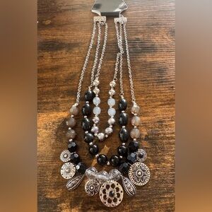 Bohemian Silver and Black Layered Necklace with Ornate Pendants